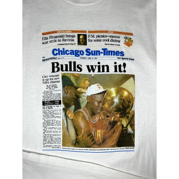 VTG 1991 NBA Chicago Bulls Michael Jordan Newspaper Print Shirt - Picture 11 of 14